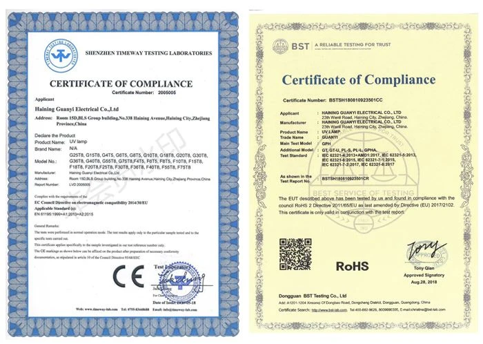 certification of uv light disinfection lamp